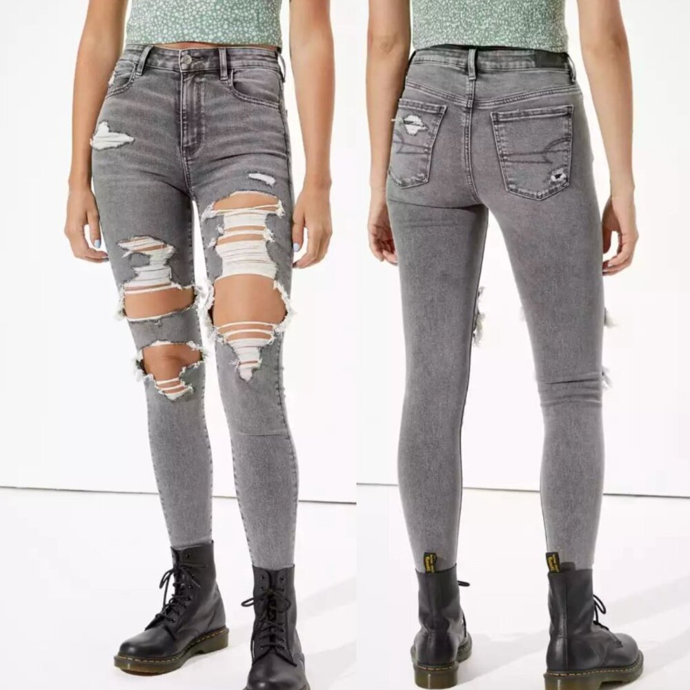 AMERICAN EAGLE Ne(x)t Level Super High Waisted Jegging Super Hi-Rise Gray Ripped